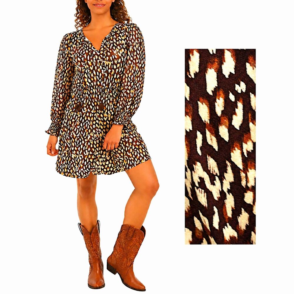 Cupio Smocked Leopard Print Mini Dress Large NWT
